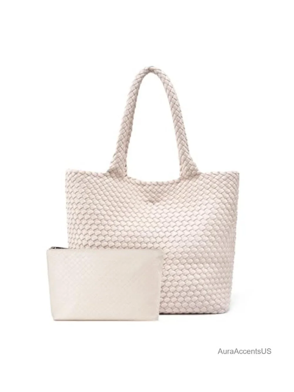 Woven Vegan Leather Tote Bag - Large Handbag with Clutch